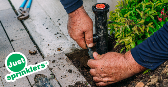 Person fixing irrigation installation in garden